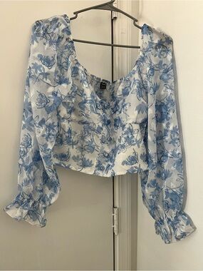 SHEIN White Sheer Blue Floral Puff-Sleeve Crop Blouse